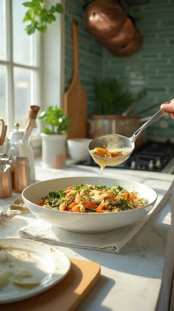 Keto Cajun Shrimp And Sausage Skillet 5 Modern kitchen with white marble countertops and stainless steel appliances, featuring warm-toned food photography of creamy sauce being stirred into vegetables