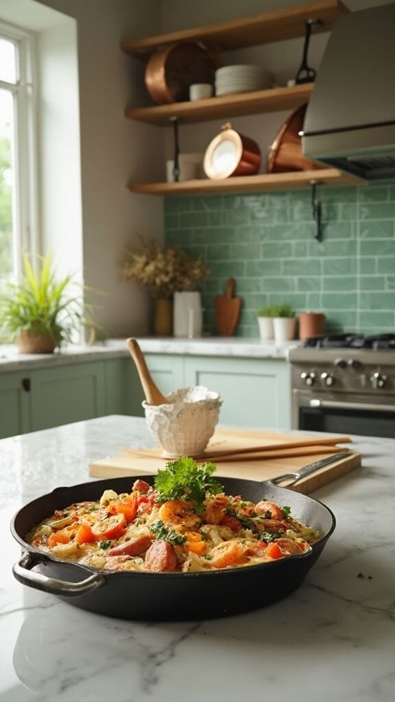 Keto Cajun Shrimp And Sausage Skillet 6 Shrimp and sausage dish in cast iron skillet on a modern kitchen counter, with green subway tile backsplash and warm, earthy color grading.