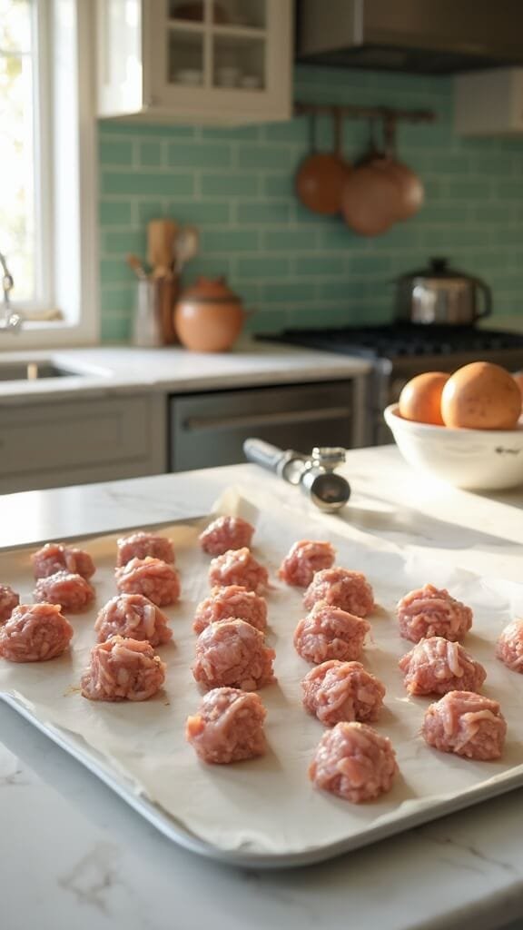 Spicy Keto Buffalo Chicken Meatballs 4 Raw chicken meatballs arranged on a parchment-lined baking sheet in a modern kitchen with warm, earthy color grading