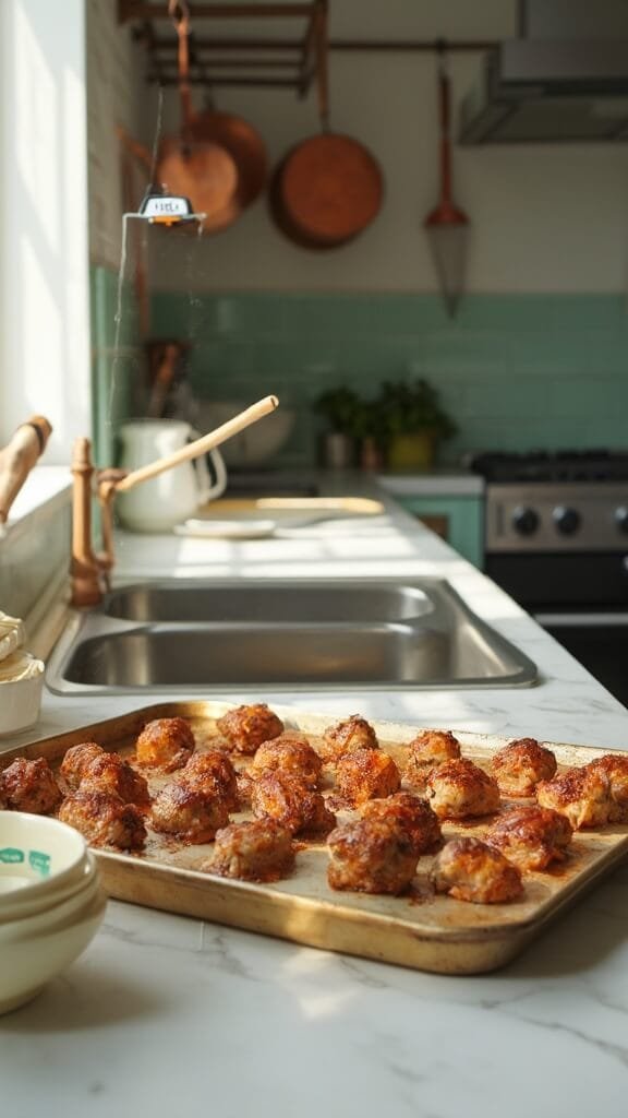 Spicy Keto Buffalo Chicken Meatballs 5 Golden-brown baked meatballs on a baking sheet in a modern kitchen with white marble countertops, green subway tile backsplash, and stainless steel appliances, illuminated by natural daylight.
