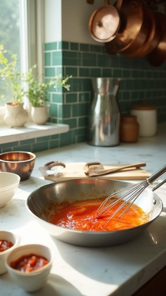 Spicy Keto Buffalo Chicken Meatballs 6 Preparation of buffalo sauce in a modern kitchen, butter melting with red hot sauce and vinegar in a stainless steel skillet.
