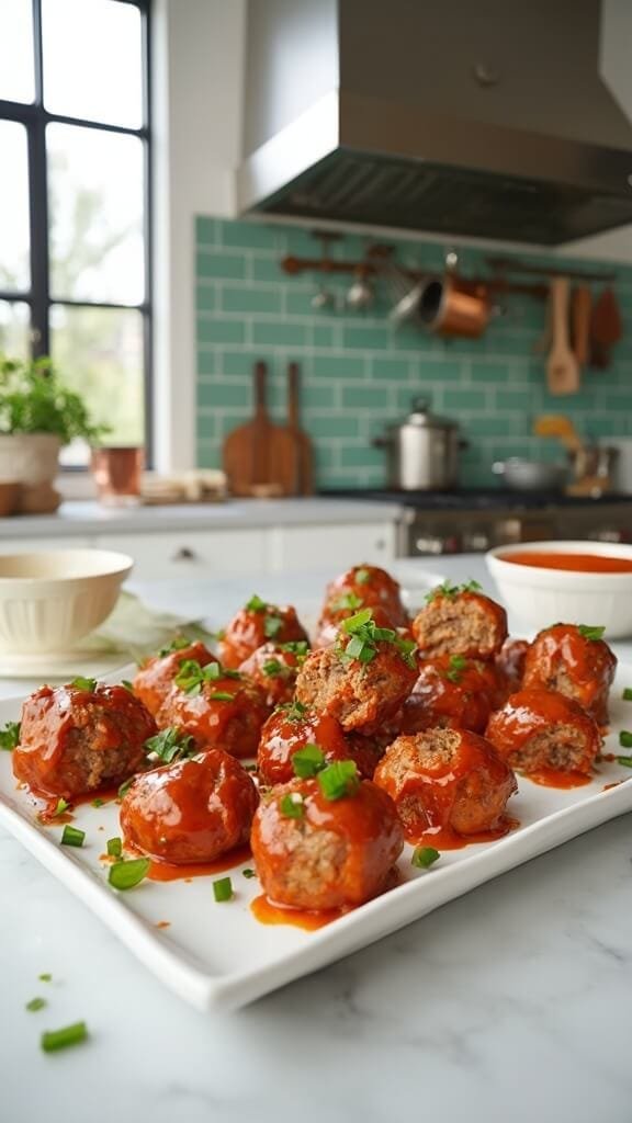 Spicy Keto Buffalo Chicken Meatballs 7 Finished buffalo meatballs garnished with green onions on a white ceramic platter in a modern kitchen
