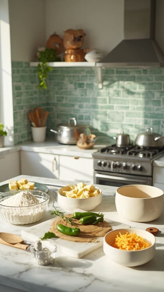 Keto Jalapeño Cheddar Biscuits 3 Modern kitchen with white marble countertops and stainless steel appliances, featuring arranged ingredients like almond flour, cold butter cubes, fresh jalapeños, shredded cheddar, and parsley sprigs with modern cookware and utensils.