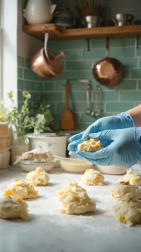 Keto Jalapeño Cheddar Biscuits 5 Hands in blue disposable gloves forming dough with cheese and jalapeno into balls on white marble kitchen countertop with modern cookware and utensils