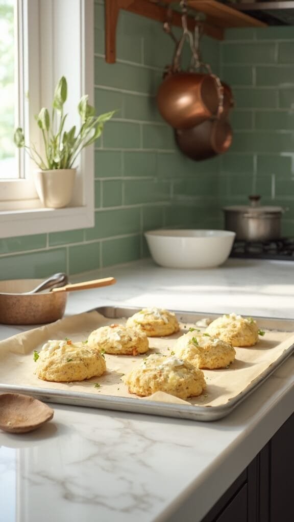 Keto Jalapeño Cheddar Biscuits 6 Six raw biscuits with cheese and jalapeño on a parchment-lined baking sheet in a modern kitchen with green subway tile backsplash and warm, earthy color grading