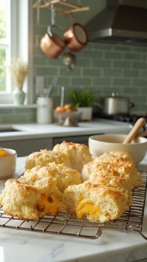 Keto Jalapeño Cheddar Biscuits 7 Freshly baked biscuits with melted cheese and jalapeños on cooling rack in a modern kitchen with green subway tiles and copper pots