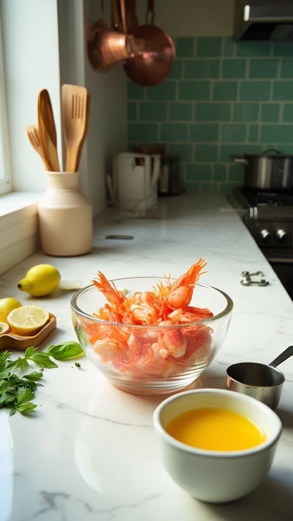 Grilled Keto Lemon Butter Shrimp Skewers 3 Raw peeled shrimp in a glass bowl with fresh lemons, minced garlic, and melted butter ready for marinating in a modern kitchen