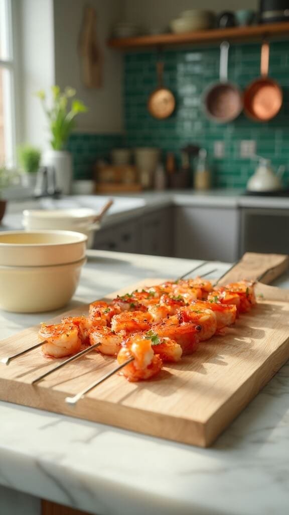 Grilled Keto Lemon Butter Shrimp Skewers 4 Marinated shrimp being skewered in a modern kitchen with white marble countertops and stainless steel appliances