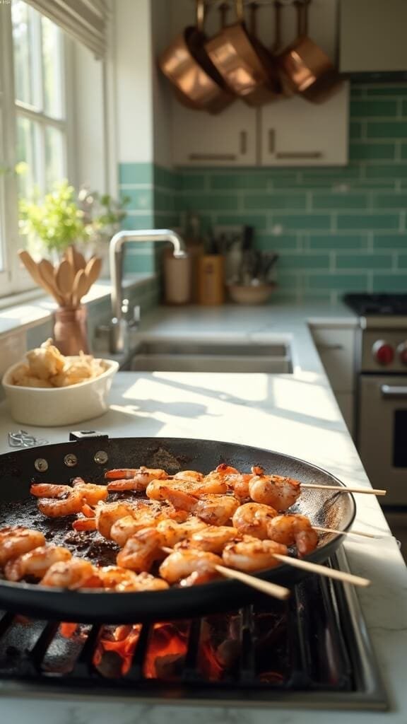 Grilled Keto Lemon Butter Shrimp Skewers 5 Sizzling shrimp skewers on a grill pan in a modern kitchen with white marble countertops and stainless steel appliances