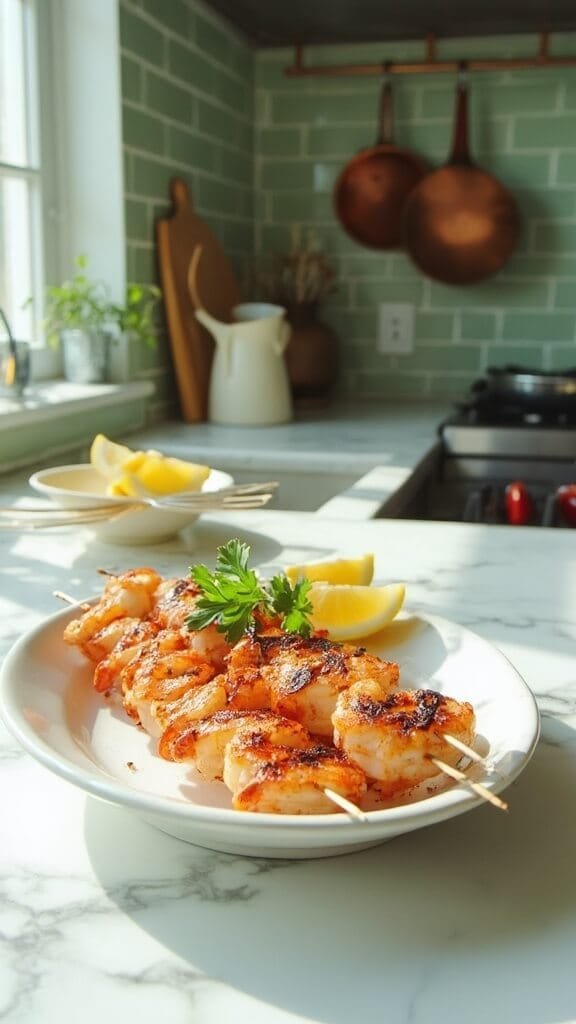 Grilled Keto Lemon Butter Shrimp Skewers 6 Grilled shrimp skewers on a white ceramic platter in a modern kitchen with green subway tile backsplash