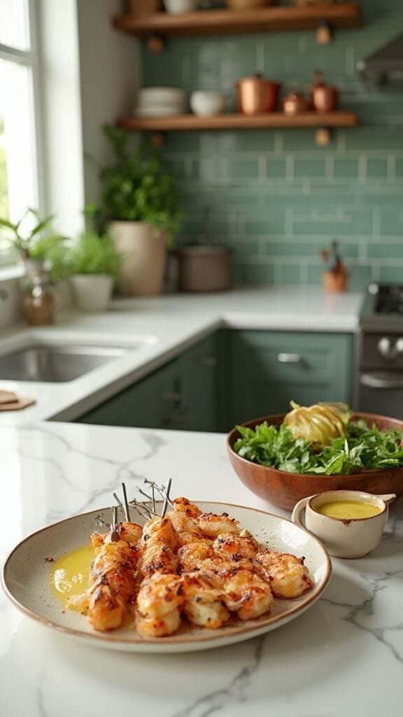 Grilled Keto Lemon Butter Shrimp Skewers 7 Grilled shrimp skewers and fresh green salad in a modern kitchen with white marble countertops and green subway tile backsplash, shot in natural daylight.