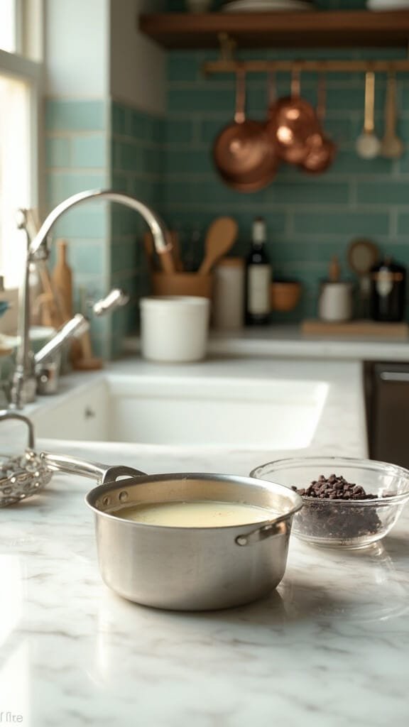 Sugar-Free Keto Chocolate Truffles 3 Professional food photography of chocolate cream preparation in a modern kitchen with white marble countertops and stainless steel appliances, wooden utensils and cream-colored ceramic bowls.
