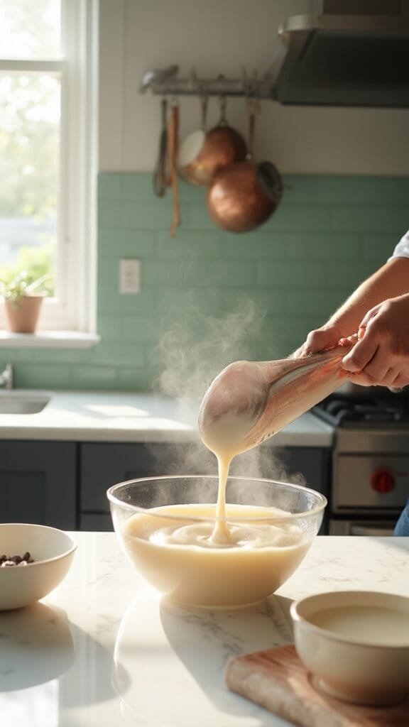 Sugar-Free Keto Chocolate Truffles 4 Hot cream mixture being poured over chocolate chips in a glass bowl in a modern kitchen with white marble countertops and natural daylight