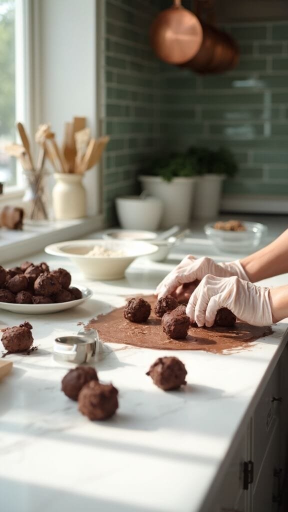 Sugar-Free Keto Chocolate Truffles 5 Hands in food-safe gloves rolling chocolate ganache into truffles on a modern kitchen counter with wooden utensils and cream-colored ceramic bowls