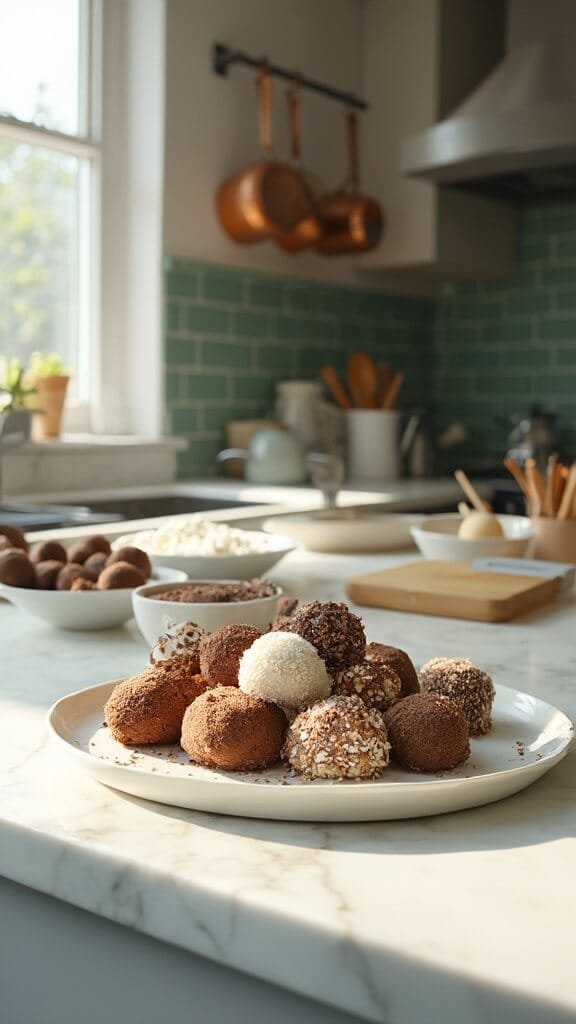 Sugar-Free Keto Chocolate Truffles 7 Artfully arranged truffles with various coatings on a white ceramic platter in a modern kitchen with green subway tile backsplash and natural daylight