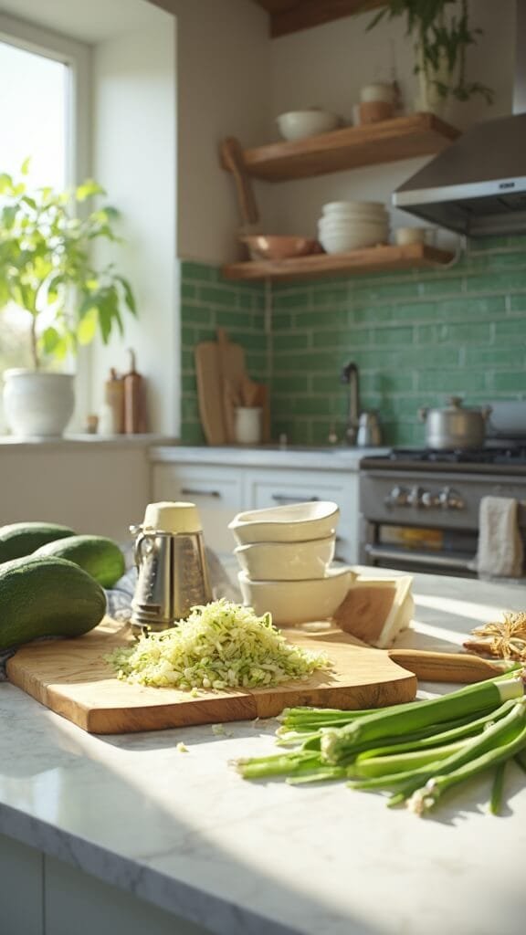 Crispy Zucchini Fritters With Herbed Sour Cream Dip 3 Freshly grated zucchini on wooden cutting board in modern kitchen with green subway tile backsplash and warm, earthy color grading