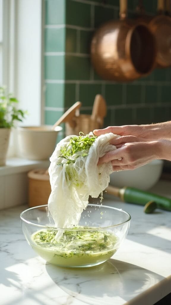 Crispy Zucchini Fritters With Herbed Sour Cream Dip 4 Grated zucchini being squeezed over a glass bowl in a modern kitchen with warm, earthy color grading