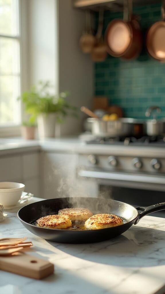 Crispy Zucchini Fritters With Herbed Sour Cream Dip 6 Three fritters sizzling in a non-stick skillet on a white marble countertop in a modern kitchen with green subway tiles and copper pots hanging in the backdrop, shot in natural daylight
