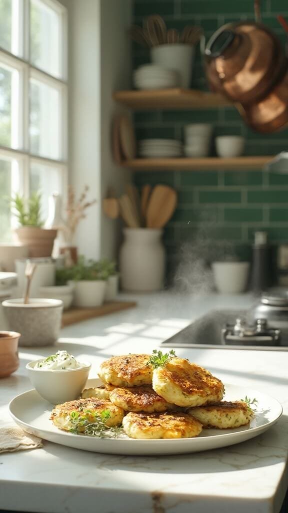 Crispy Zucchini Fritters With Herbed Sour Cream Dip 7 Freshly cooked golden-brown zucchini fritters garnished with herbs on a white ceramic platter, with herbed sour cream dip in a modern kitchen with green subway tile backsplash and warm, earthy tones.