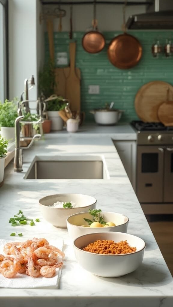 Crispy Keto Coconut Shrimp 3 Raw shrimp being prepared in a modern kitchen with white marble countertops, cream-colored ceramic bowls containing ingredients, and sunlit green subway tile backsplash.