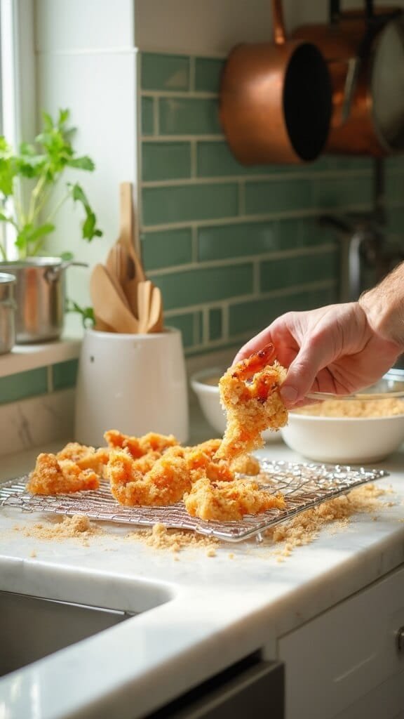 Crispy Keto Coconut Shrimp 4 Hands preparing shrimp with pork rind mixture in a modern kitchen with green subway tile backsplash, wooden utensils, and cream-colored bowls, under natural daylight