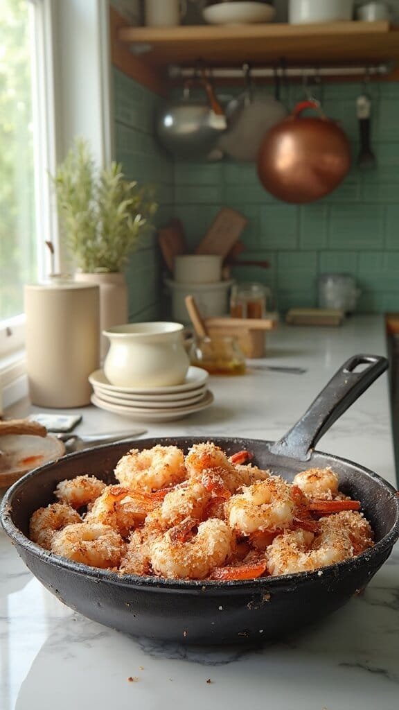 Crispy Keto Coconut Shrimp 5 Raw shrimp coated with coconut flakes in an air fryer basket, set in a modern kitchen with green subway tile backsplash and white marble countertops