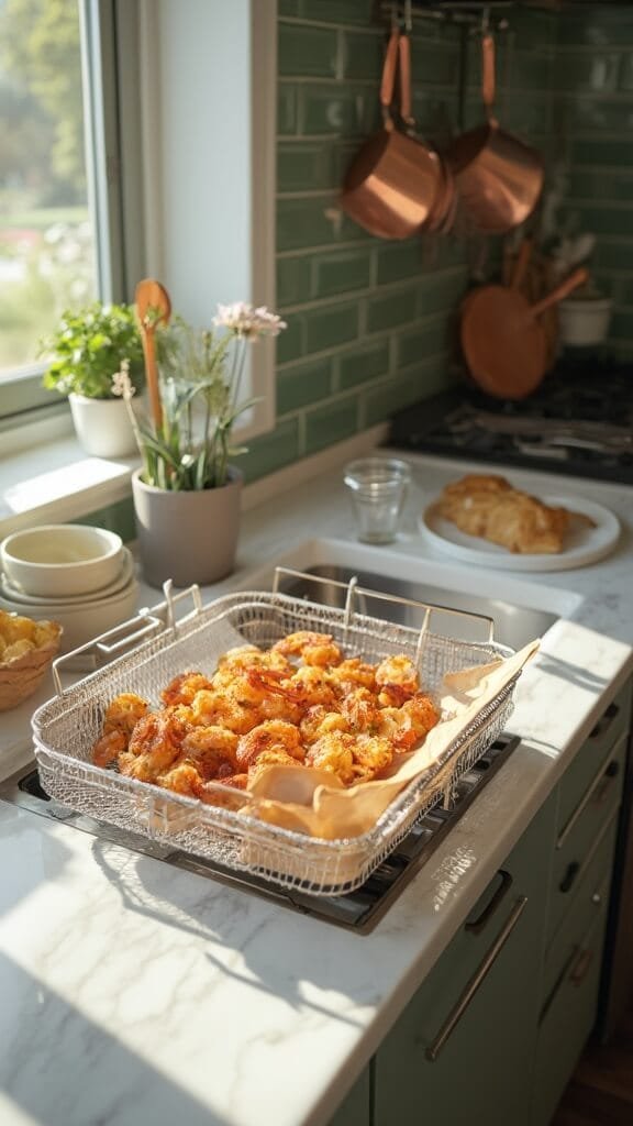 Crispy Keto Coconut Shrimp 6 Professional food photo in bright modern kitchen, shrimp mid-cooked in an air fryer on a marble countertop surrounded by modern cookware and wooden utensils.