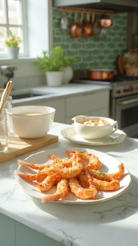 Crispy Keto Coconut Shrimp 7 Perfectly cooked coconut shrimp arranged on white ceramic plate in modern kitchen with green subway tile backsplash and warm, earthy tones
