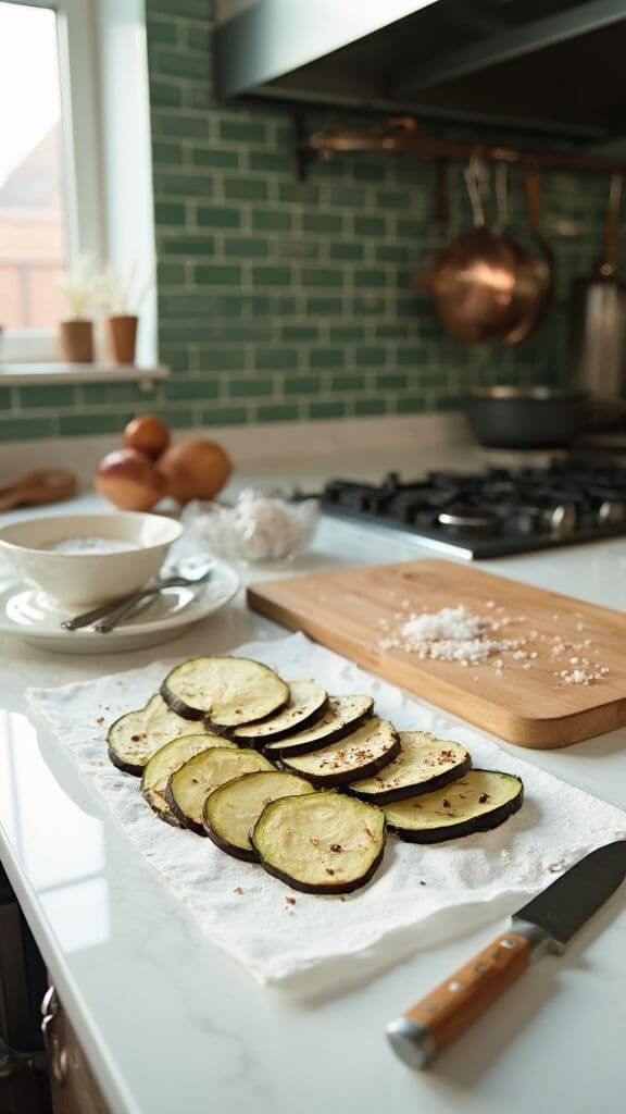Eggplant Lasagna (Low-Carb, Gluten-Free) 3 Freshly sliced eggplant rounds on paper towels with kosher salt, in a modern kitchen with white marble countertops, wooden utensils, and cream-colored prep bowls, bathed in natural daylight.