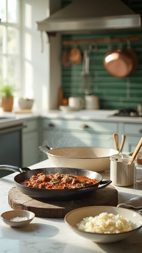 Eggplant Lasagna (Low-Carb, Gluten-Free) 4 Simmering meat sauce in skillet and prepared ricotta mixture in a bowl in a modern kitchen with green subway tile backsplash and warm, earthy color grading