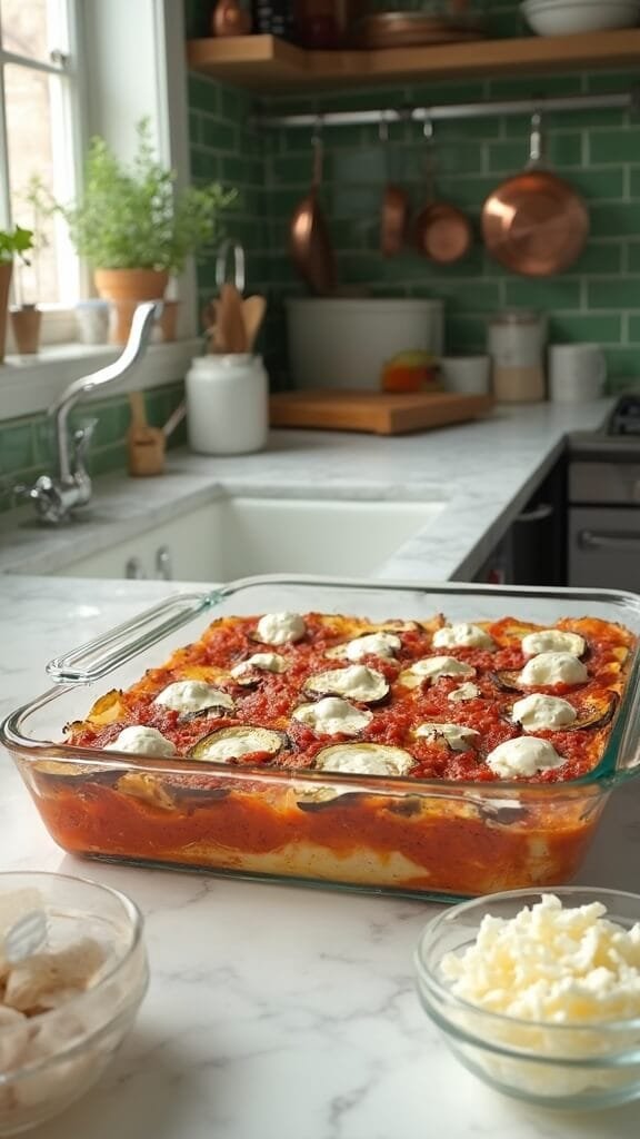 Eggplant Lasagna (Low-Carb, Gluten-Free) 5 Professional food photography in modern kitchen featuring roasted eggplant slices layering with meat sauce and ricotta in a glass baking dish, mozzarella in a clear bowl, cookware, and wooden utensils on white marble countertop with green subway tiles backsplash.