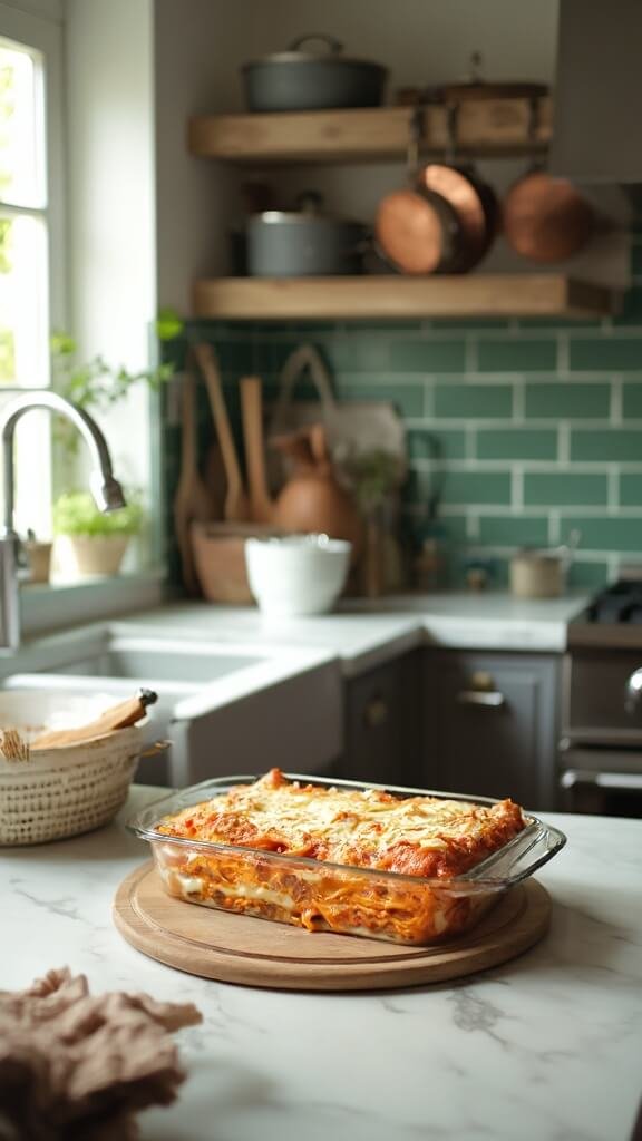 Eggplant Lasagna (Low-Carb, Gluten-Free) 6 Unbaked lasagna in glass dish on a modern kitchen counter with wooden utensils and cream-colored ceramic bowls, lit by natural daylight.