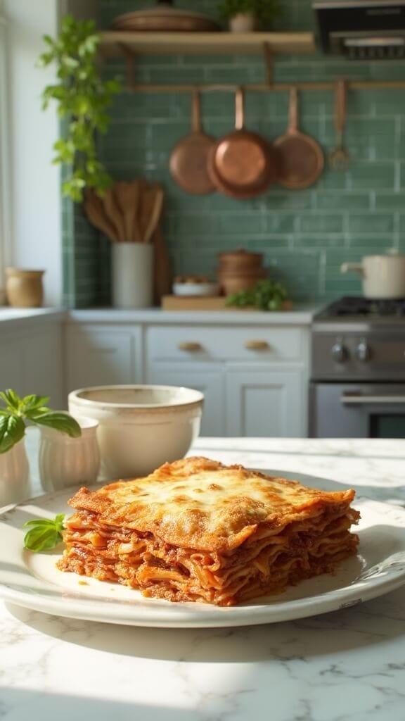 Eggplant Lasagna (Low-Carb, Gluten-Free) 7 Baked eggplant lasagna with golden-brown cheese on top and fresh basil garnish in a modern kitchen with green subway tiles and copper cookware, shot in natural daylight