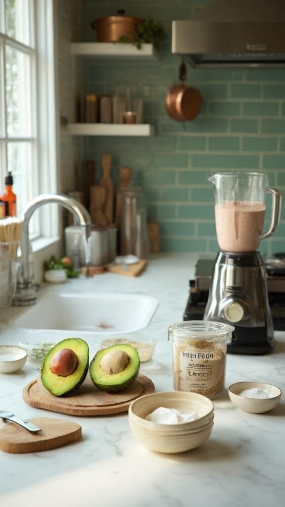 Avocado Chocolate Mousse (Keto &Amp; Dairy-Free) 3 Ingredients for avocado mousse artfully arranged on a modern kitchen countertop under natural light