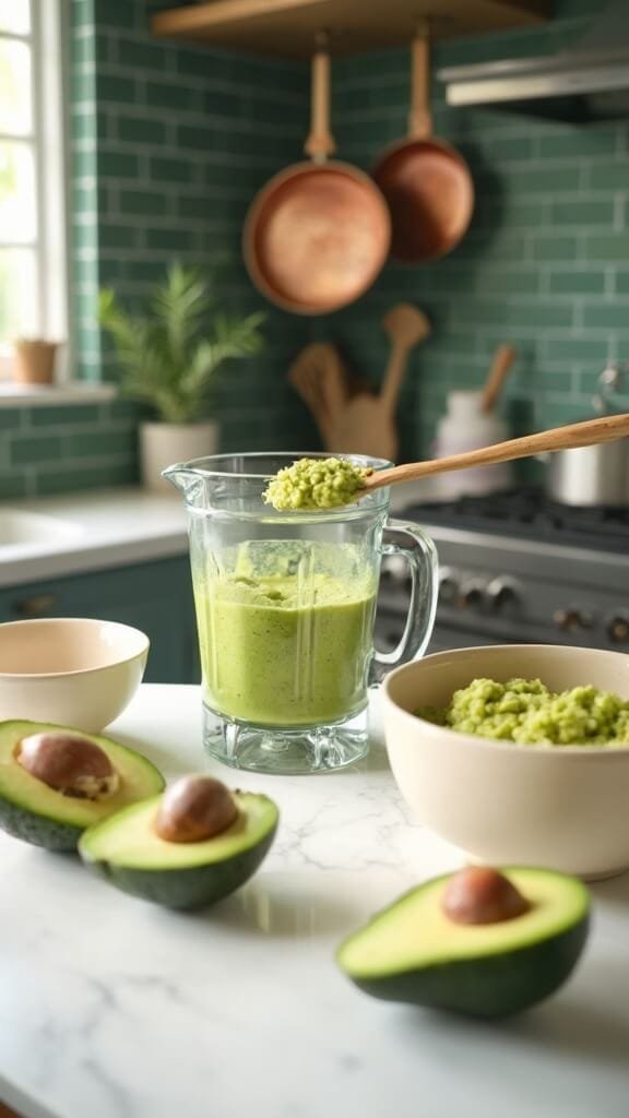 Avocado Chocolate Mousse (Keto &Amp; Dairy-Free) 4 Professional food photography of avocado scooping process in a modern kitchen with warm, earthy color grading