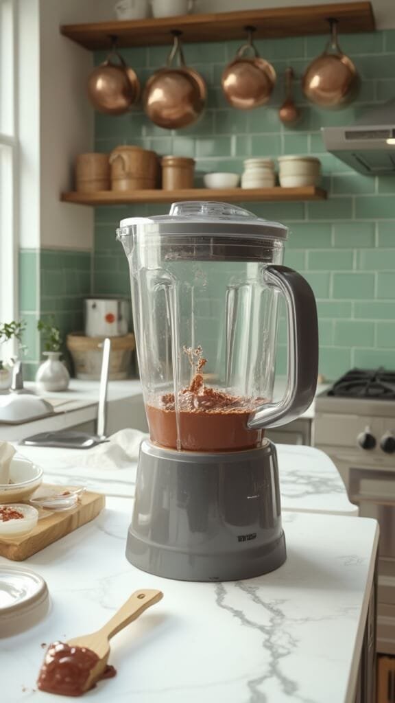Avocado Chocolate Mousse (Keto &Amp; Dairy-Free) 5 Professional kitchen scene with a high-powered blender blending chocolate mousse ingredients, wooden utensils and cream-colored bowls on a white marble countertop
