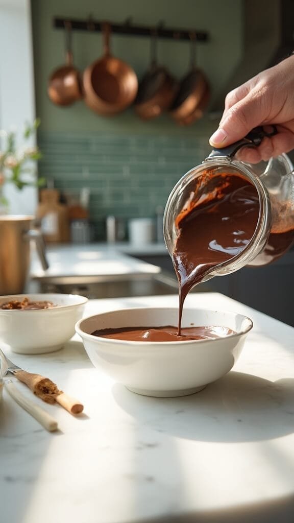 Avocado Chocolate Mousse (Keto &Amp; Dairy-Free) 6 Silky chocolate mousse being poured from blender into elegant white ceramic dessert bowls in a modern, sunlit kitchen