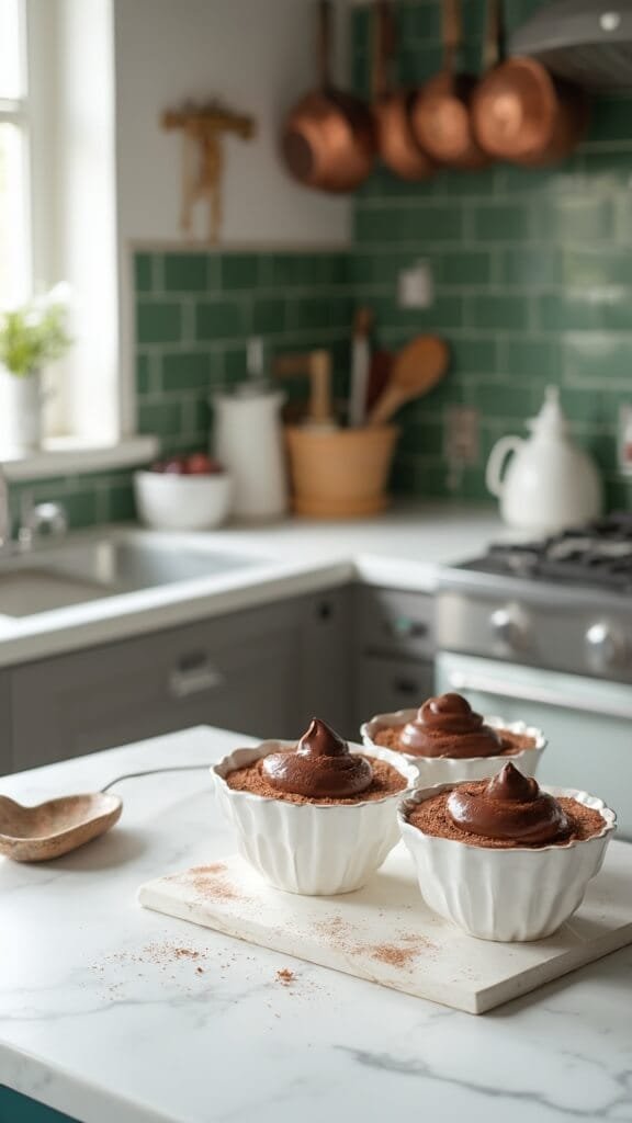 Avocado Chocolate Mousse (Keto &Amp; Dairy-Free) 7 Three bowls of chocolate mousse on a marble kitchen countertop with modern cookware, wooden utensils, and natural daylight streaming in from the window.
