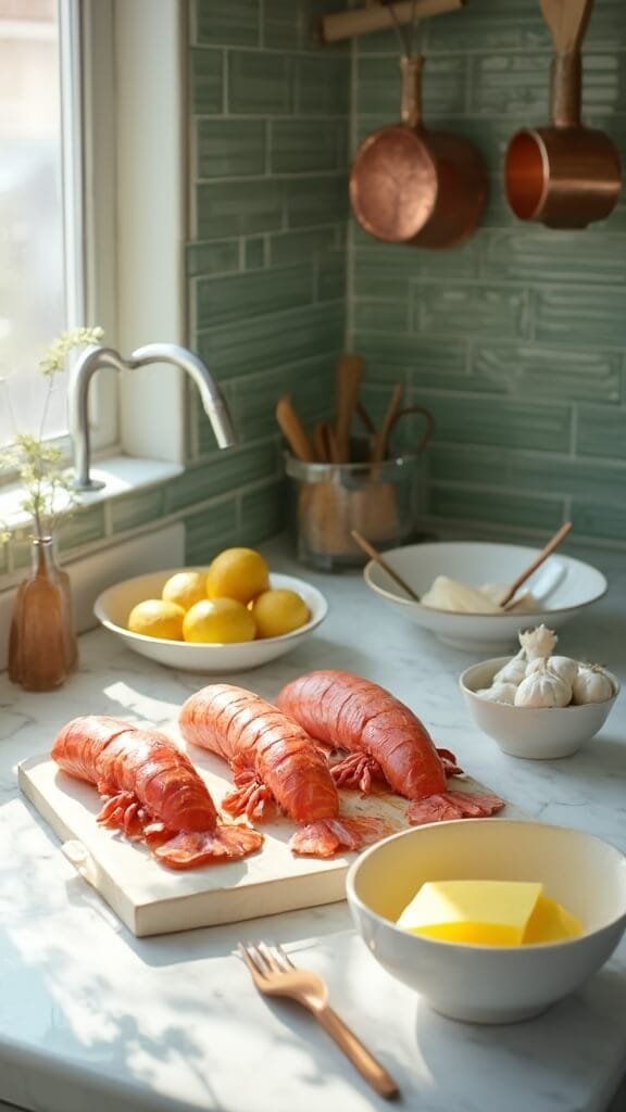 Garlic Butter Keto Lobster Tails 3 Raw lobster tails on white platter in modern kitchen with green subway tile backsplash, wooden utensils, and copper pots under natural daylight