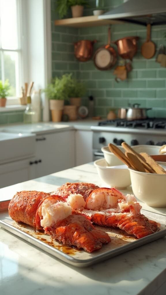 Garlic Butter Keto Lobster Tails 4 Butterflied lobster tails on stainless steel baking sheet in modern kitchen with white marble countertops and green subway tile backsplash, shot in natural daylight