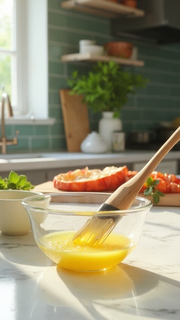 Garlic Butter Keto Lobster Tails 5 Modern kitchen scene with melted garlic butter in a glass bowl, butterfly lobster tails, and cooking utensils, lit by natural daylight through window.