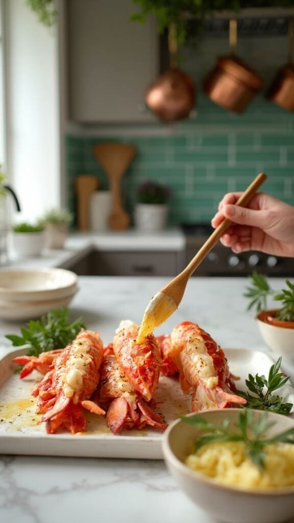 Garlic Butter Keto Lobster Tails 6 Butterflied lobster tails being brushed with garlic butter on a baking sheet in a modern kitchen with white marble countertops, stainless steel appliances, and green subway tile backsplash