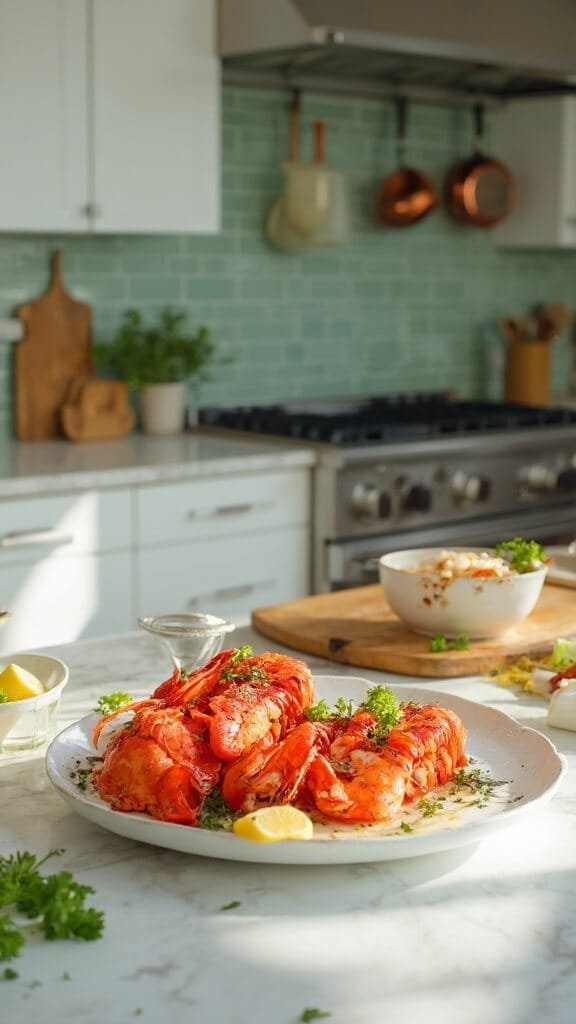 Garlic Butter Keto Lobster Tails 7 Professional food photography of plated lobster tails on white ceramic platter in a modern kitchen with green subway tiles and warm, earthy color grading