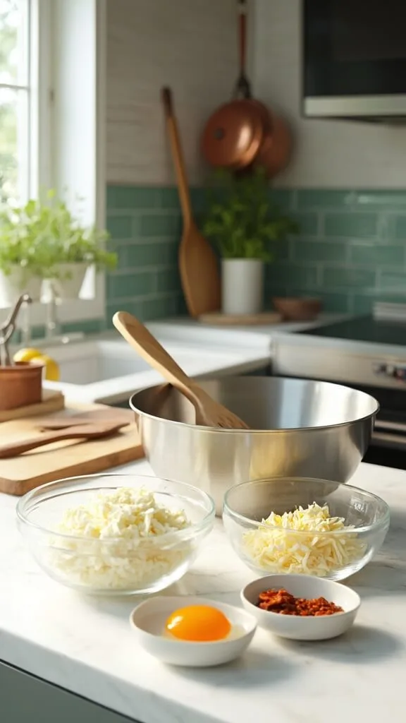 Modern kitchen environment with daylit countertop featuring arranged ingredients for keto breadsticks including mozzarella, cream cheese, almond flour and spices; along with stainless steel mixing bowl and silicone spatula.