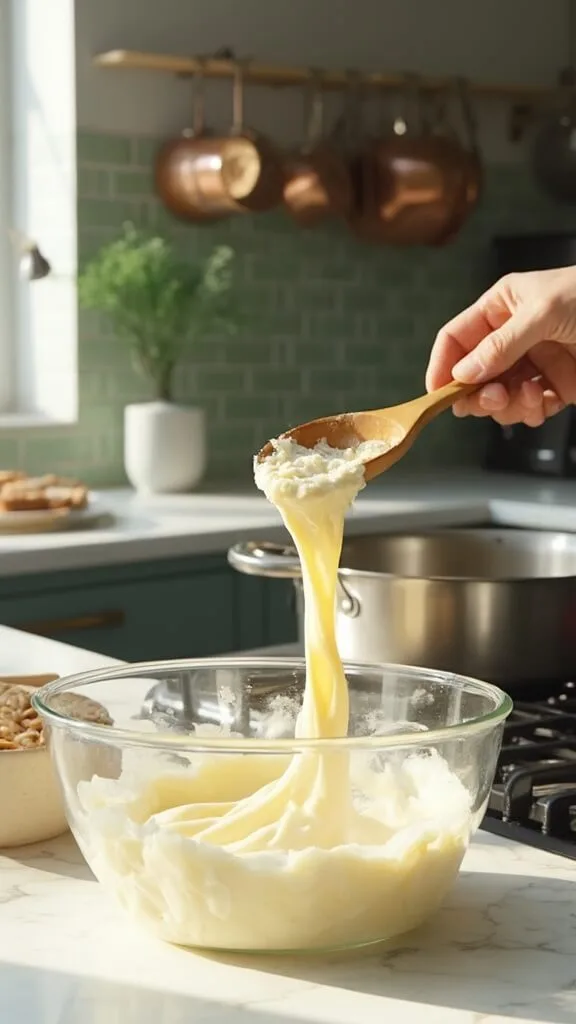 Almond flour being folded into melted cheese mixture in clear bowl in modern kitchen with green subway tile backsplash and wooden utensils under natural daylight
