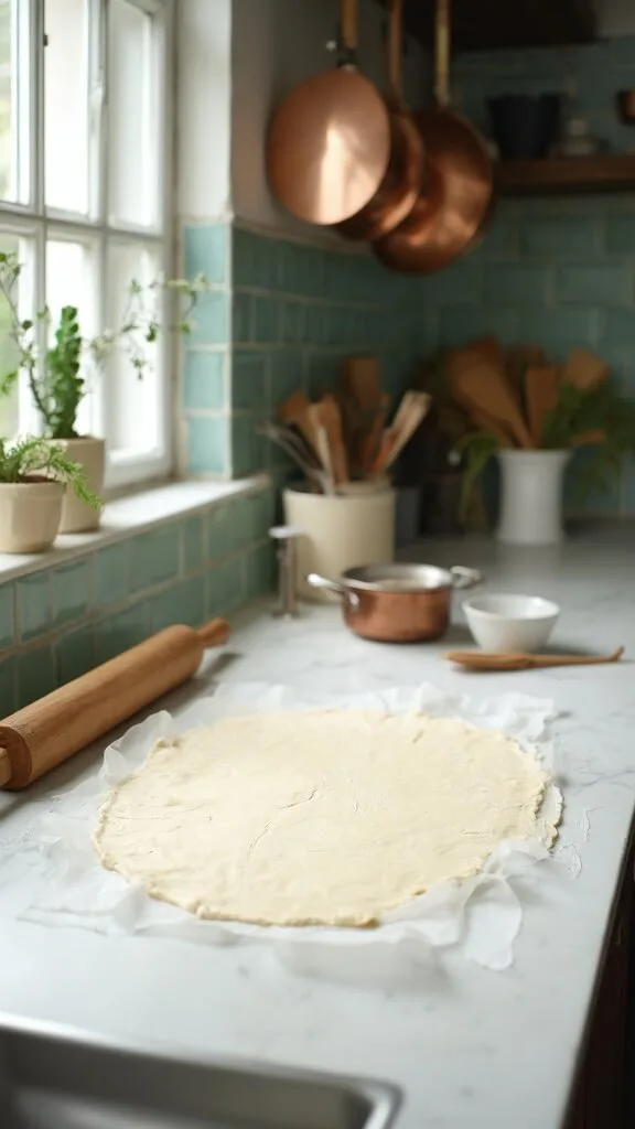 Keto dough rolled out evenly on a silver baking sheet with a wooden rolling pin in a modern kitchen with green subway tile and copper pots