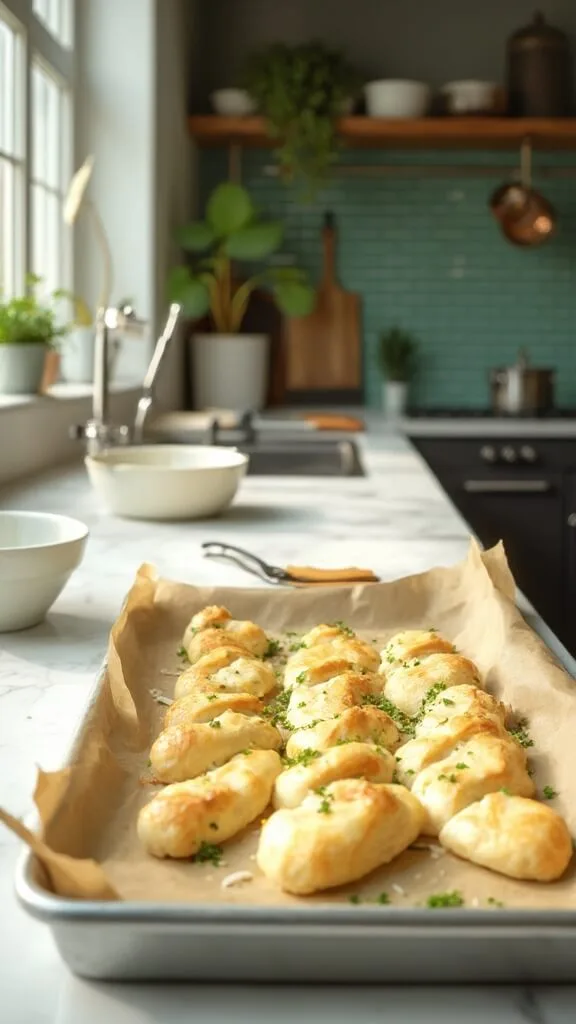 Unbaked breadsticks with garlic butter and parsley on parchment-lined baking sheet in a modern kitchen with white marble countertops, wooden utensils, and cream-colored ceramic bowls