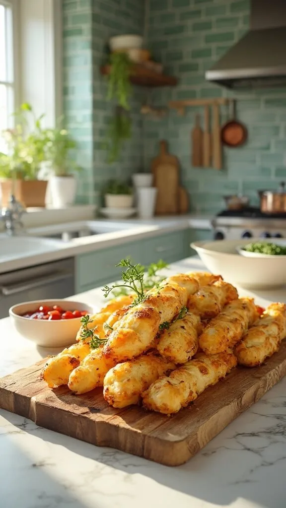Golden-brown keto breadsticks with crispy edges and melted cheese on a rustic wooden board, garnished with fresh parsley and a bowl of marinara sauce in a modern kitchen with green subway tile backsplash, under natural daylight.
