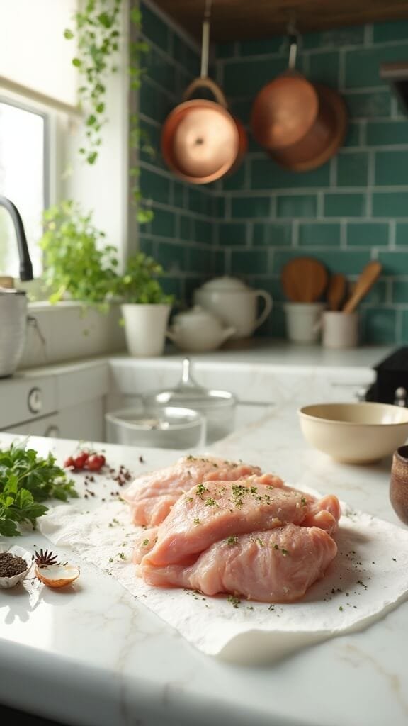 Perfectly Baked Chicken Thighs (Crispy Outside, Juicy Inside) 3 Raw chicken thighs being prepped in a modern kitchen with green subway tile backsplash, wooden utensils, ceramic bowls, and scattered herbs