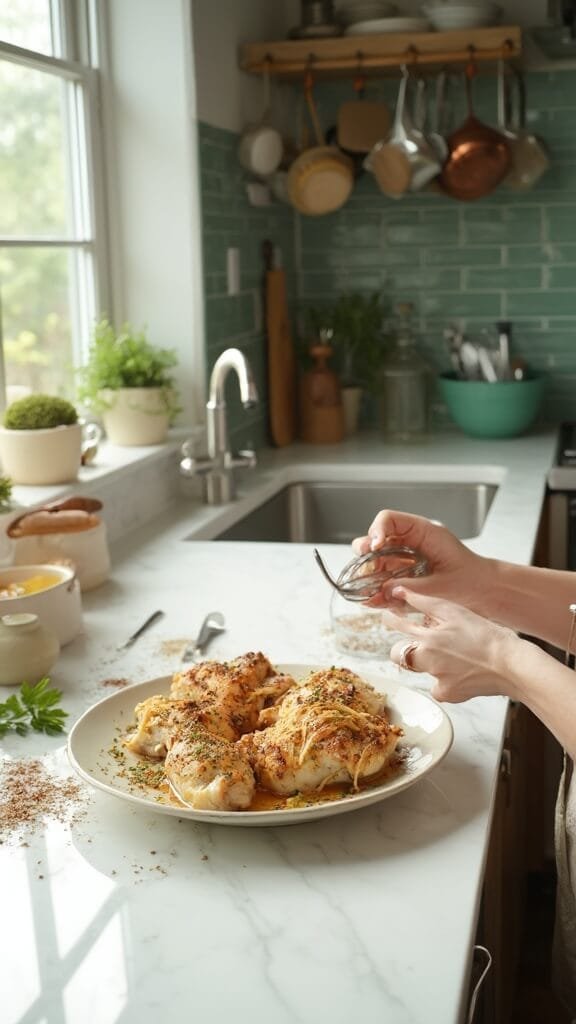 Perfectly Baked Chicken Thighs (Crispy Outside, Juicy Inside) 4 Chicken thighs being seasoned on a white marble countertop in a modern kitchen with green subway tile backsplash
